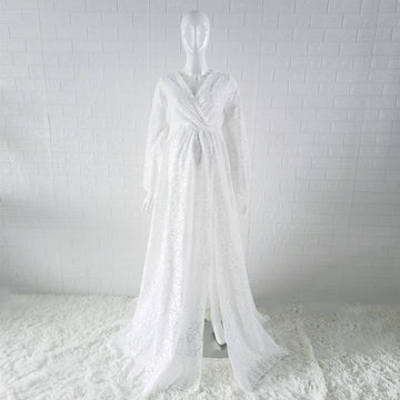 Mqtime Boho Maternity Photography Props Dresses V-neck Maternity Lace Dress For Photo Shoot See Through Pregnant Woman Maxi Gown